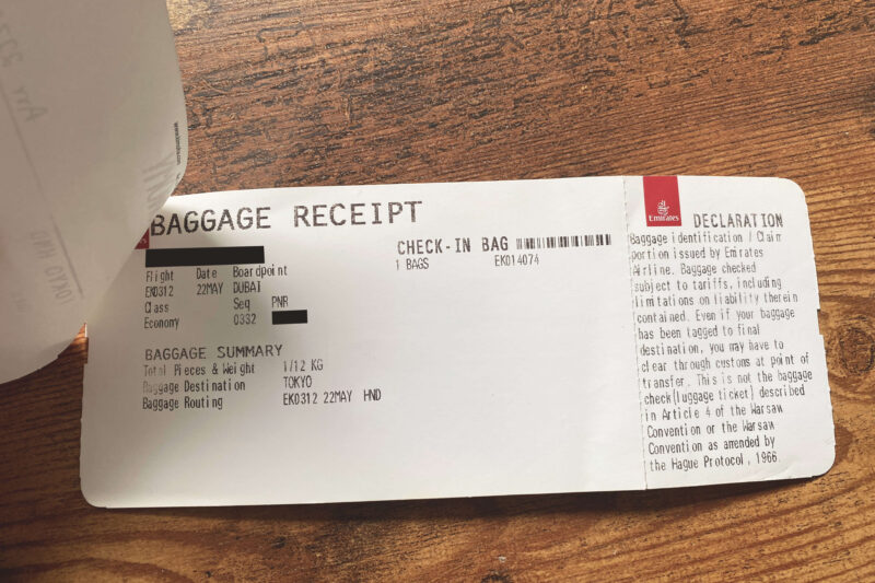 ドバイで渡された荷物チケット